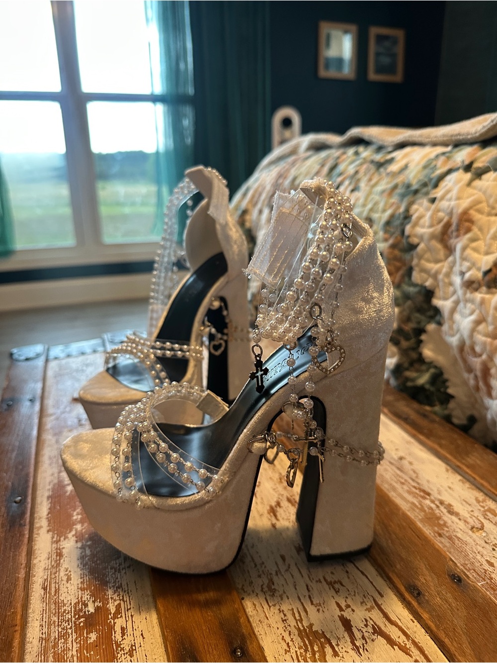 Elegant Pearl-Strap White Platform Heels